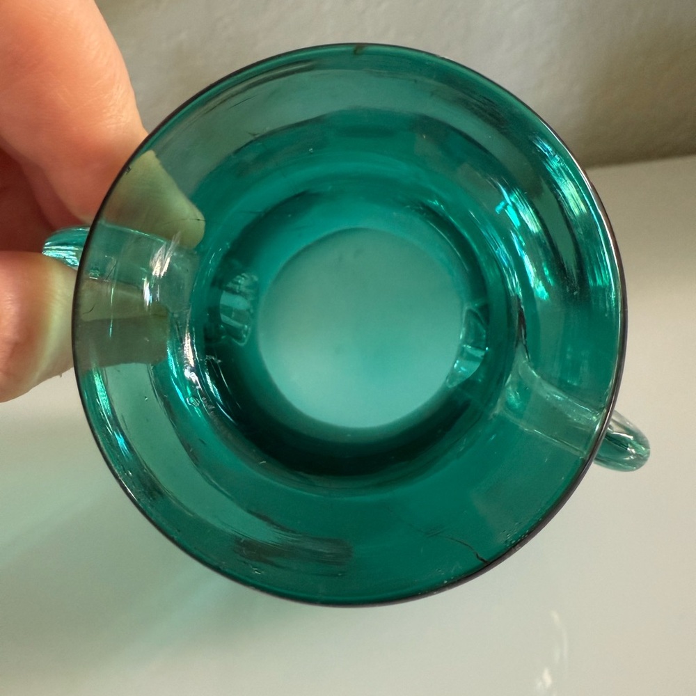 Vintage Hand Blown Teal Green Art Glass Vase with Applied Clear Glass Handles - Picture 4 of 6